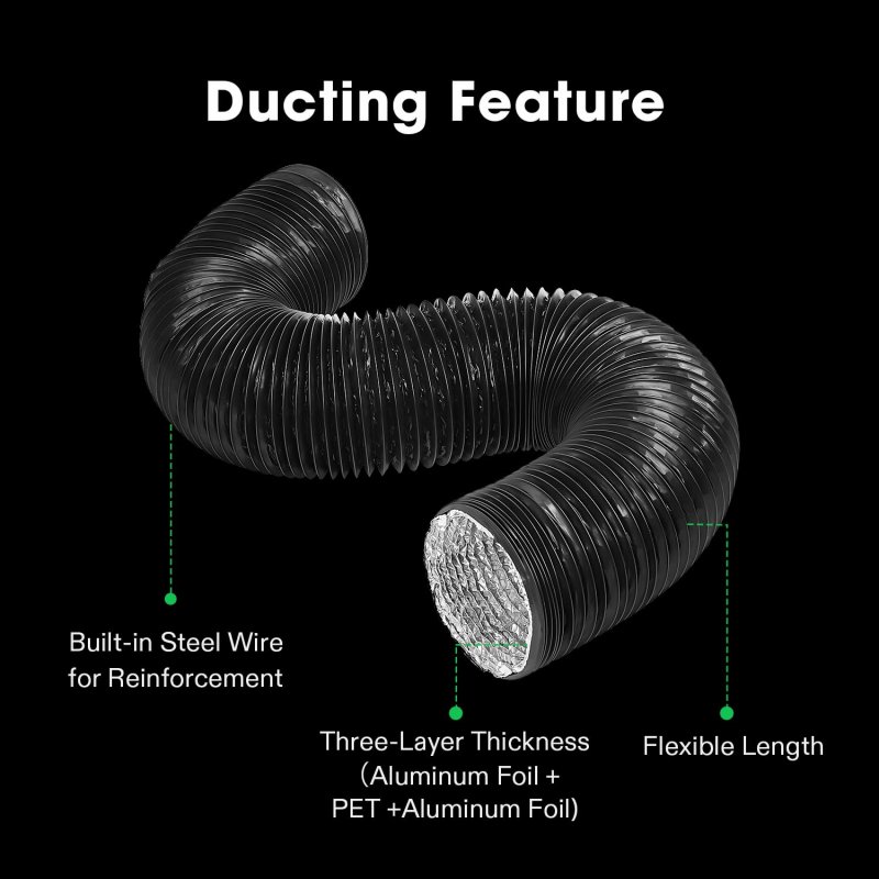 Flexible Aluminum Ducting 8 In X 25 Ft With 2 Clamps High Temp Black Ventilation Hose For Dryers And Inline Duct Fans