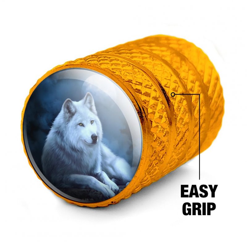 White Wolf Moon Valve Stem Caps For Tire Rim Wheel Yellow Aluminum Schrader Type Air Covers With Rubber O Ring 4 Piece Set