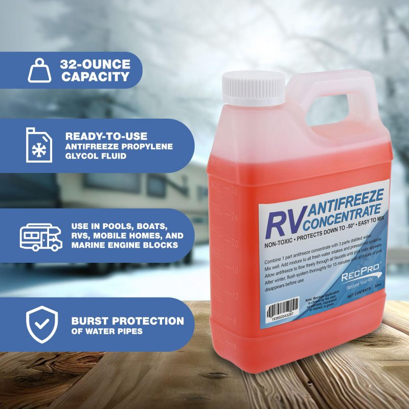 Recpro Rv Antifreeze Concentrate Mixing Fluid For Winterizing Recreational Vehicles -50 Degree Fahrenheit Protection 32 Ounces
