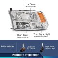 Headlight Assembly Front Headlamp Driver Left Side W Bulbs For Dodge Ram 1500 2500 3500 2009-2018 Factory Style Only Quad