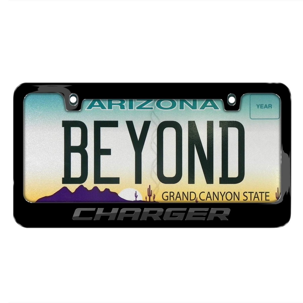 Dodge Charger In 3d Dark Gray Letters On Black Metal License Plate Frame