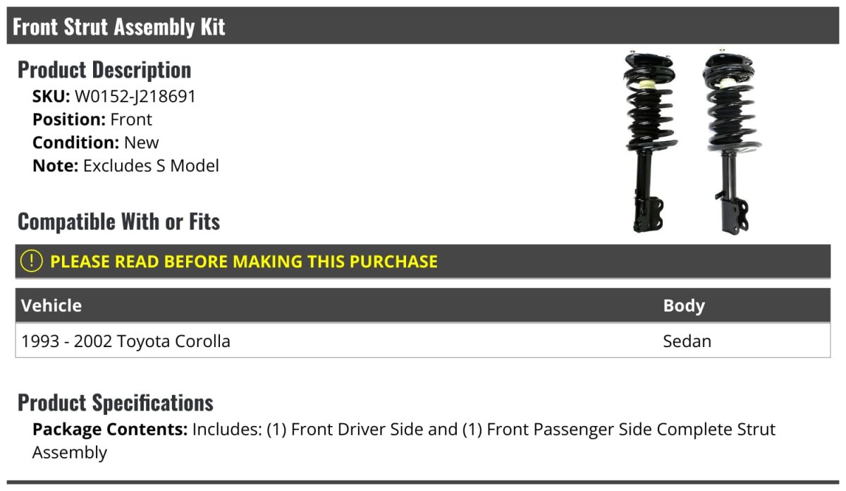 Front Strut And Coil Spring Assembly Kit 2 Piece For 1993 To 2002 Toyota Corolla Sedan Excludes S Model