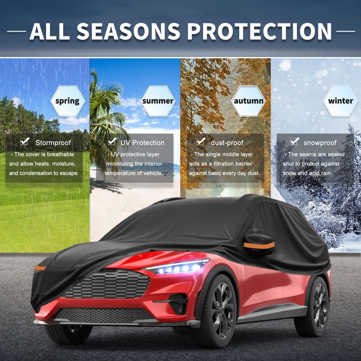Waterproof Car Cover For Ford Mustang Mach E 210d Pu Outdoor All Weather Protection With Reflective Warning Bars And Left Side