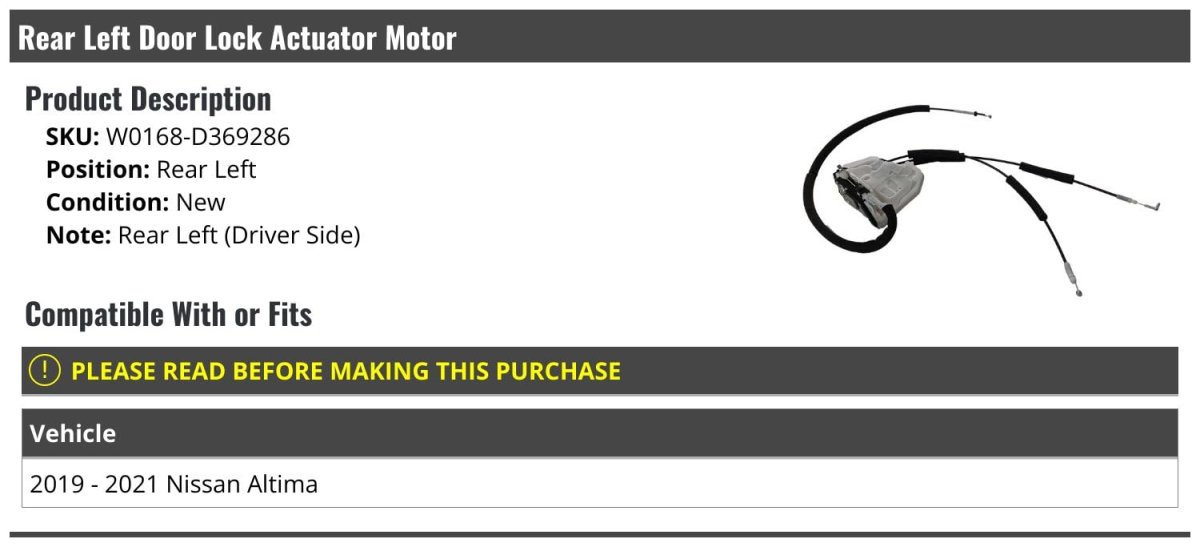 Rear Left Driver Side Door Lock Actuator Motor For 2019-2021 Nissan Altima