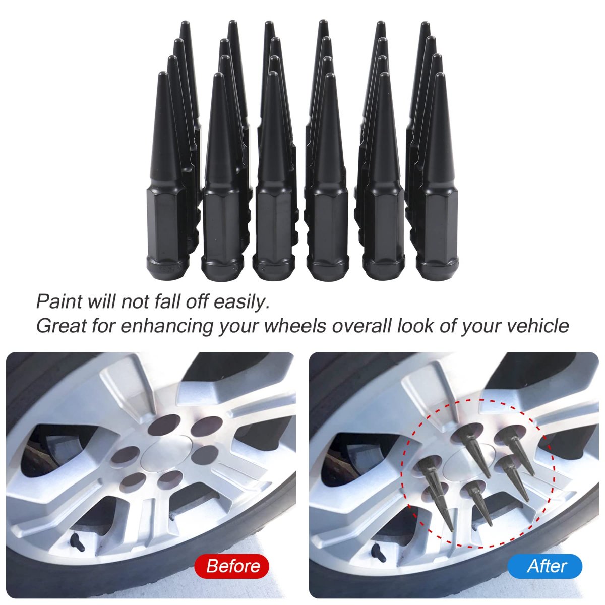 Wheel Spike Lug Nuts 24pcs With 1 Socket Key Black 14x1 5 4 Tall 6 14mmx1 Replacement For Gmc Chevy Ford Vehicles