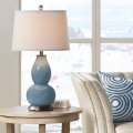 Color Plus Modern Table Lamp 28 3 4 Tall Smoky Blue Glass Double Gourd Off White Tapered Drum Shade For Bedroom Living Room 