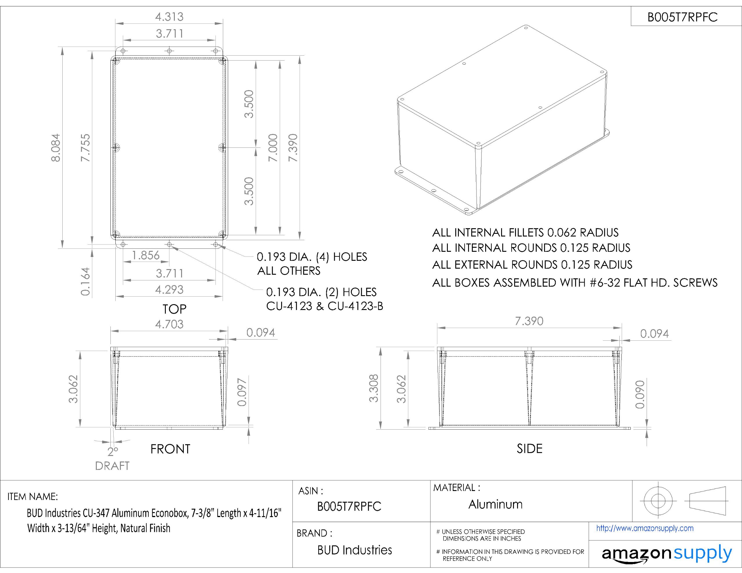 Bud Industries Cu-347 Aluminum Econobox 7-3 8 Length X 4-11 16 Width 3-13 64 Height Natural Finish