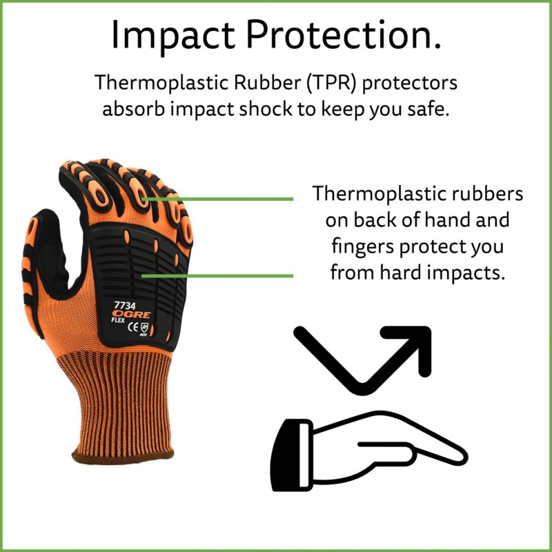 Ogre-flex 13 Gauge Work Gloves Hi Vis Orange Polyester Shell With Tpr Protectors And Nitrile Palm Coating Reinforced Thumb