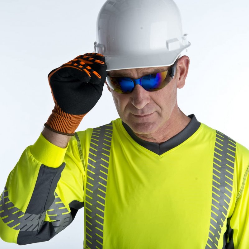 Ogre-flex 13 Gauge Work Gloves Hi Vis Orange Polyester Shell With Tpr Protectors And Nitrile Palm Coating Reinforced Thumb