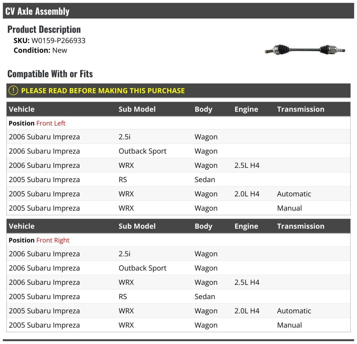 Front Cv Axle Assembly For 2005-2006 Subaru Impreza