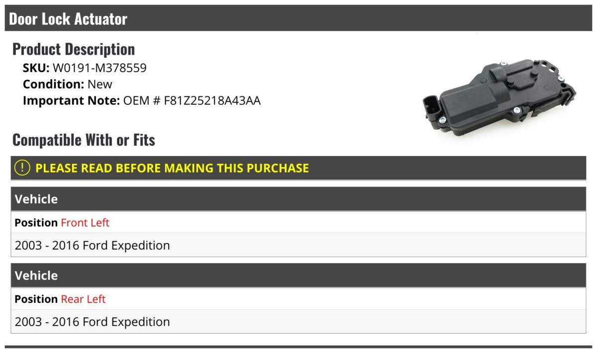 Left Driver Side Door Lock Actuator Front Or Rear For 2003-2016 Ford Expedition