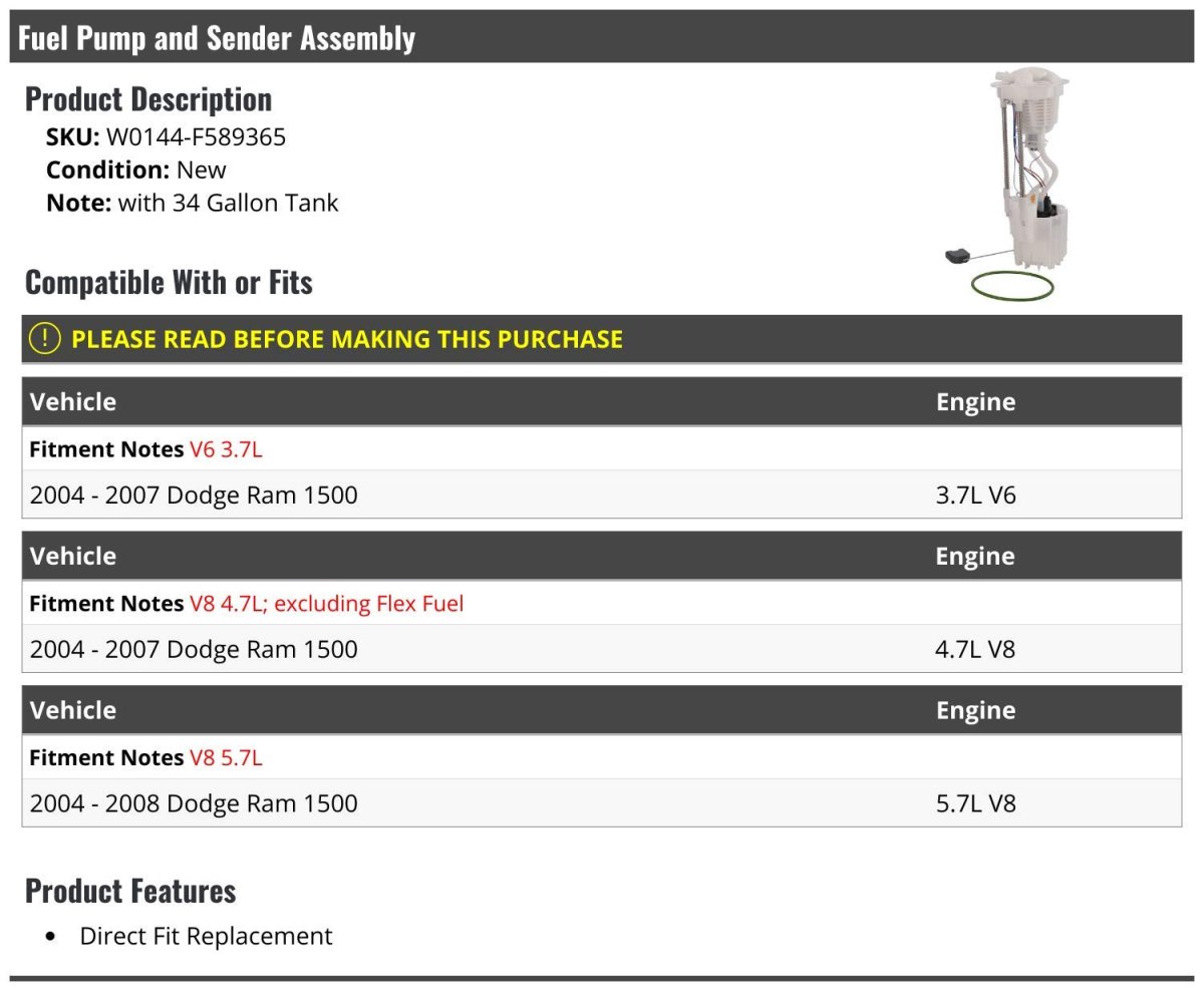 Fuel Pump And Sender Assembly For 2004 2008 Dodge Ram 1500 With 34 Gallon Tank Fits 3 7l V6 4 V8 5 Engines