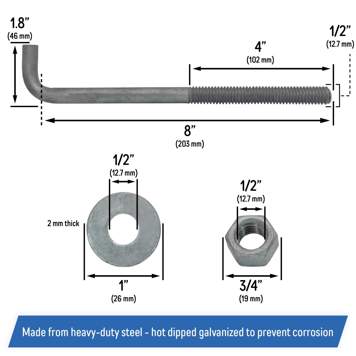1 2 In X 8 Galvanized Threaded Anchor Bolt Set 10 Pack With Hex Nuts And Flat Washers For Wood Concrete Projects