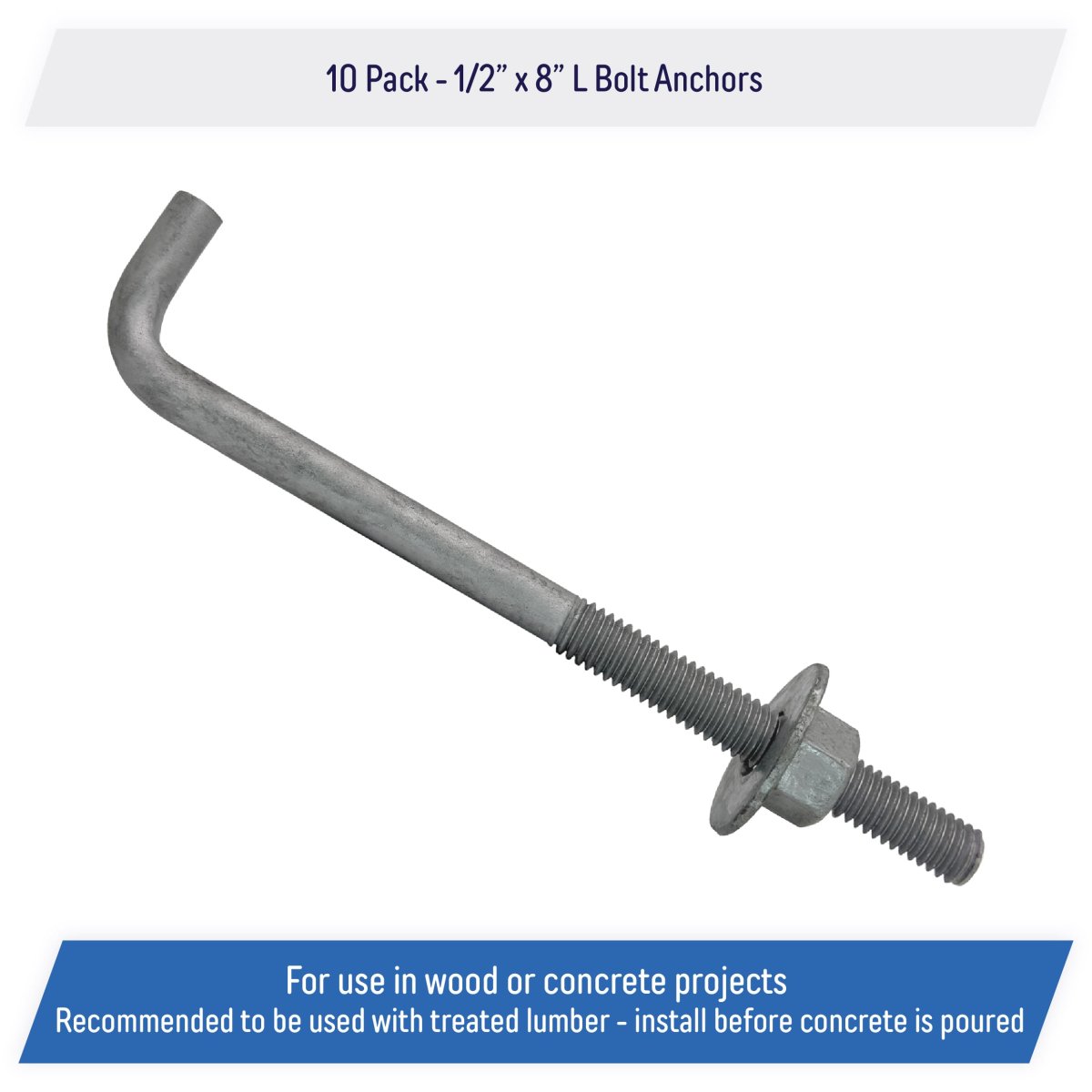 1 2 In X 8 Galvanized Threaded Anchor Bolt Set 10 Pack With Hex Nuts And Flat Washers For Wood Concrete Projects