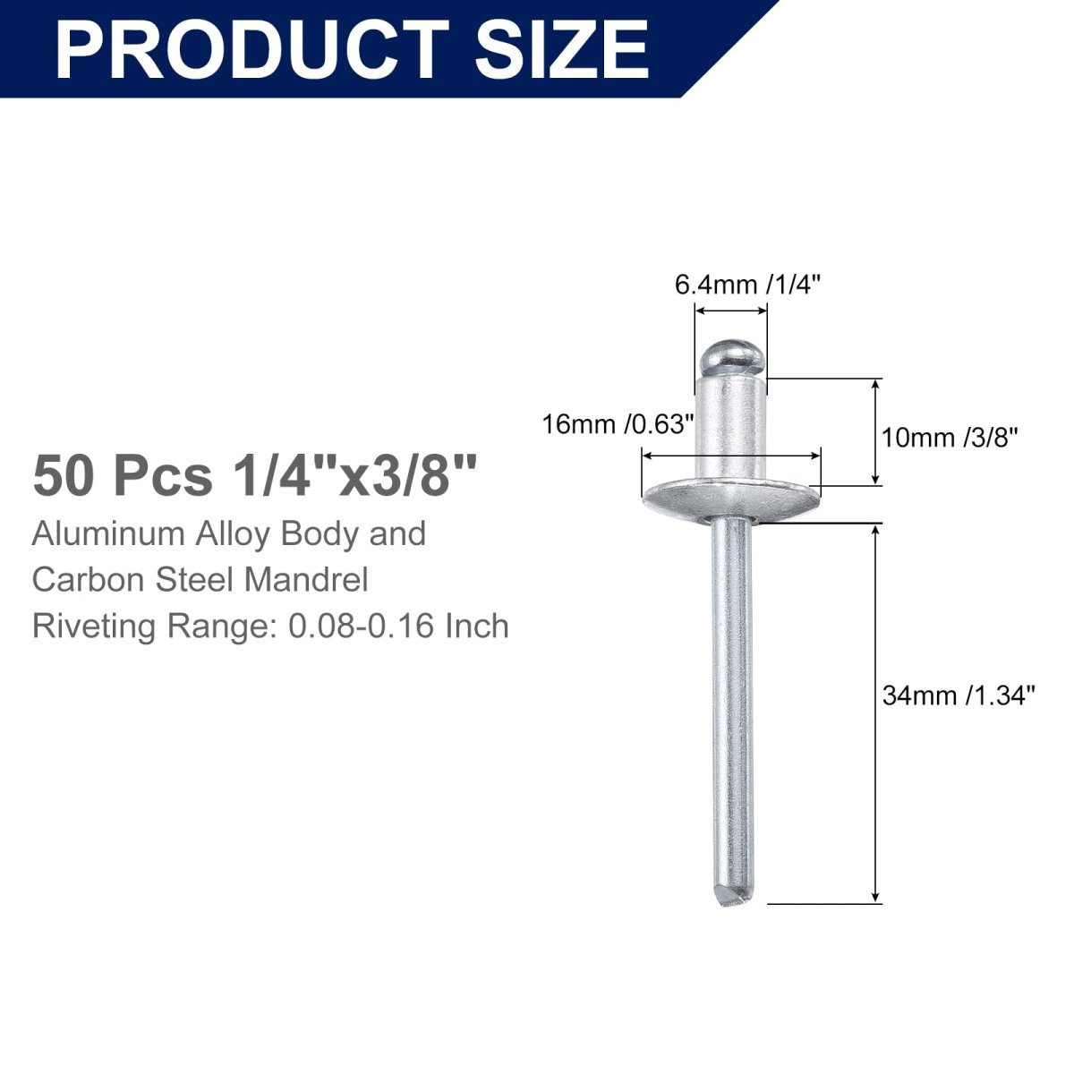 50pcs 1 4 X3 8 Aluminum Blind Rivets Grip And Steel Mandrel Large Flange Fastener For Metal Furniture Automotive Silver
