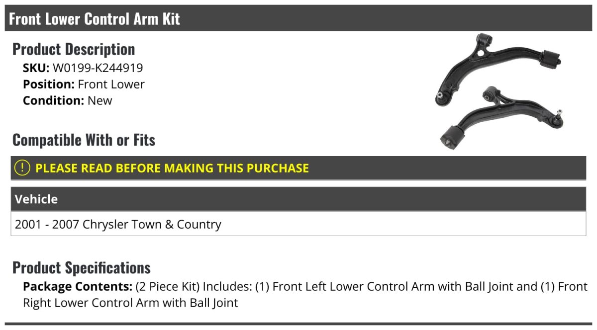 Front Lower Control Arm And Ball Joint Kit 2-piece For 2001-2007 Chrysler Town Country