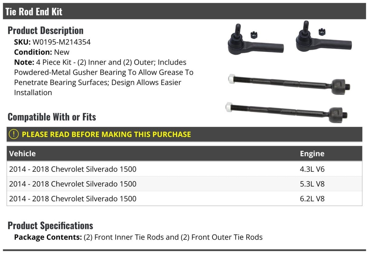 Front Inner And Outer Tie Rod End Kit 4 Piece For 20 2018 Chevy Silverado 1500 4 3l V6 5 V8 6 2l