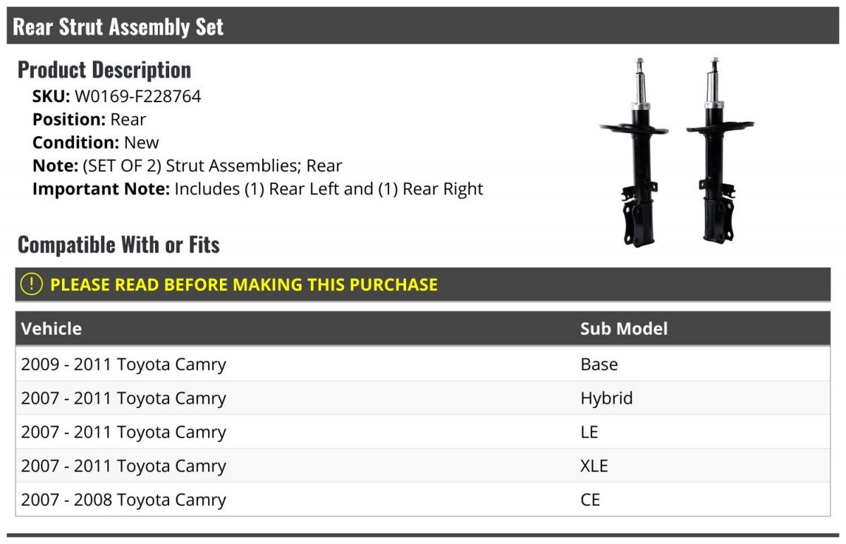 Rear Strut Assembly Set Of 2 For 2007-2011 Toyota Camry