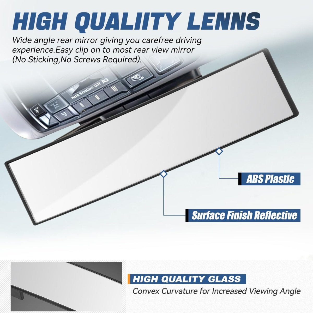 Auto Dynasty Clip On Wide Angle Rear View Mirror 11 8 Universal Interior Panoramic Rearview For Cars Trucks Suvs Convex