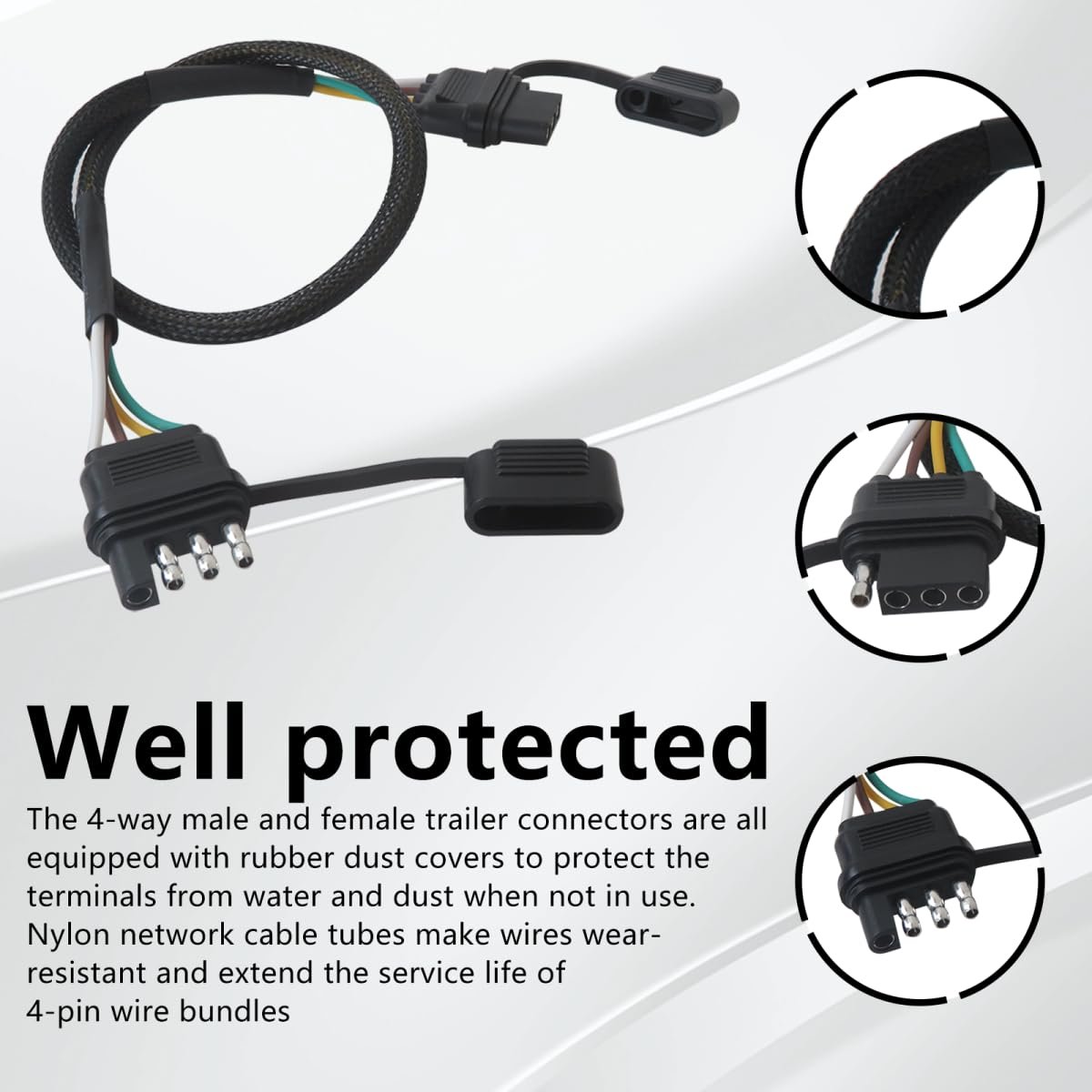 16 Awg 4 Pin Flat Trailer Light Wiring Extension Vehicle-side And-side Trailer Wire Harness With Rubber Dust Cover