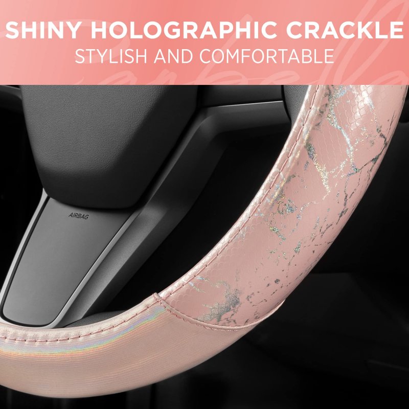 Carbella Pink Holo Bling Steering Wheel Cover Standard 15 Inch Size Fits Most Vehicles Cute Shiny Crackle With Holographic Foil