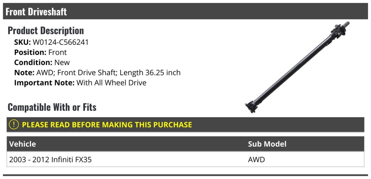 Front Driveshaft 36 25 Inch For 2003-2012 Infiniti Fx35 Awd