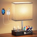 Kakanuo Fully Dimmable Nightstand Lamp For Bedroom With Usb C Ports Grey Small Bedside Table Charging Outlets And Phone Stands 