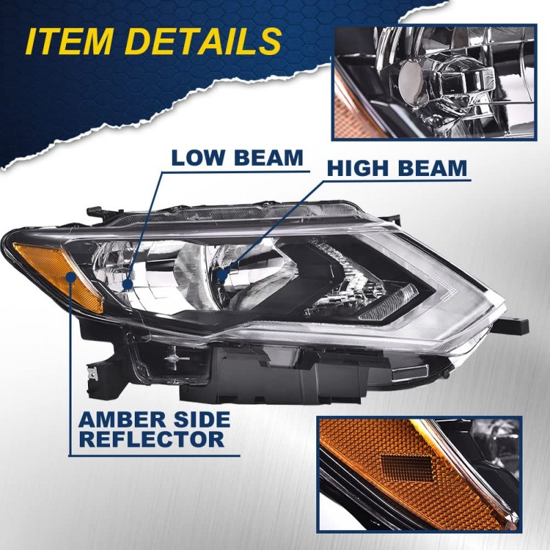 Headlights Assembly For 2017 2018 2019 Nissan Rogue Right Bumper Headlamp Clear Lens Chrome Housing Amber Reflector