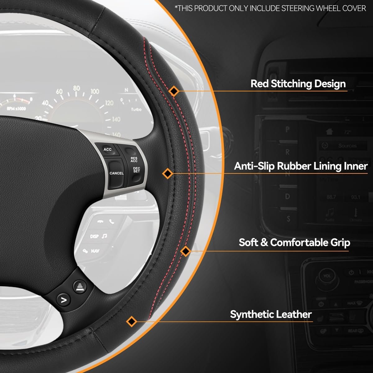 14 1 2 To 15 Inches Microfiber Leather Steering Wheel Cover Stylish Contrast Stitching Car Protector Anti-slip Universal Fit