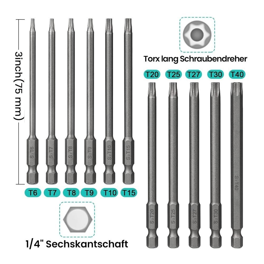 12 Piece Torx Screwdriver Bit Set T6 To T40 1 4 In Magnetic S2 Steel Hex Bits With Handle 75mm Length For Auto Repair And