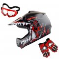 Wow Youth Kids Motocross Bmx Mx Atv Dirt Bike Helmet Dragon Red Goggles Mg Glove Bundle 