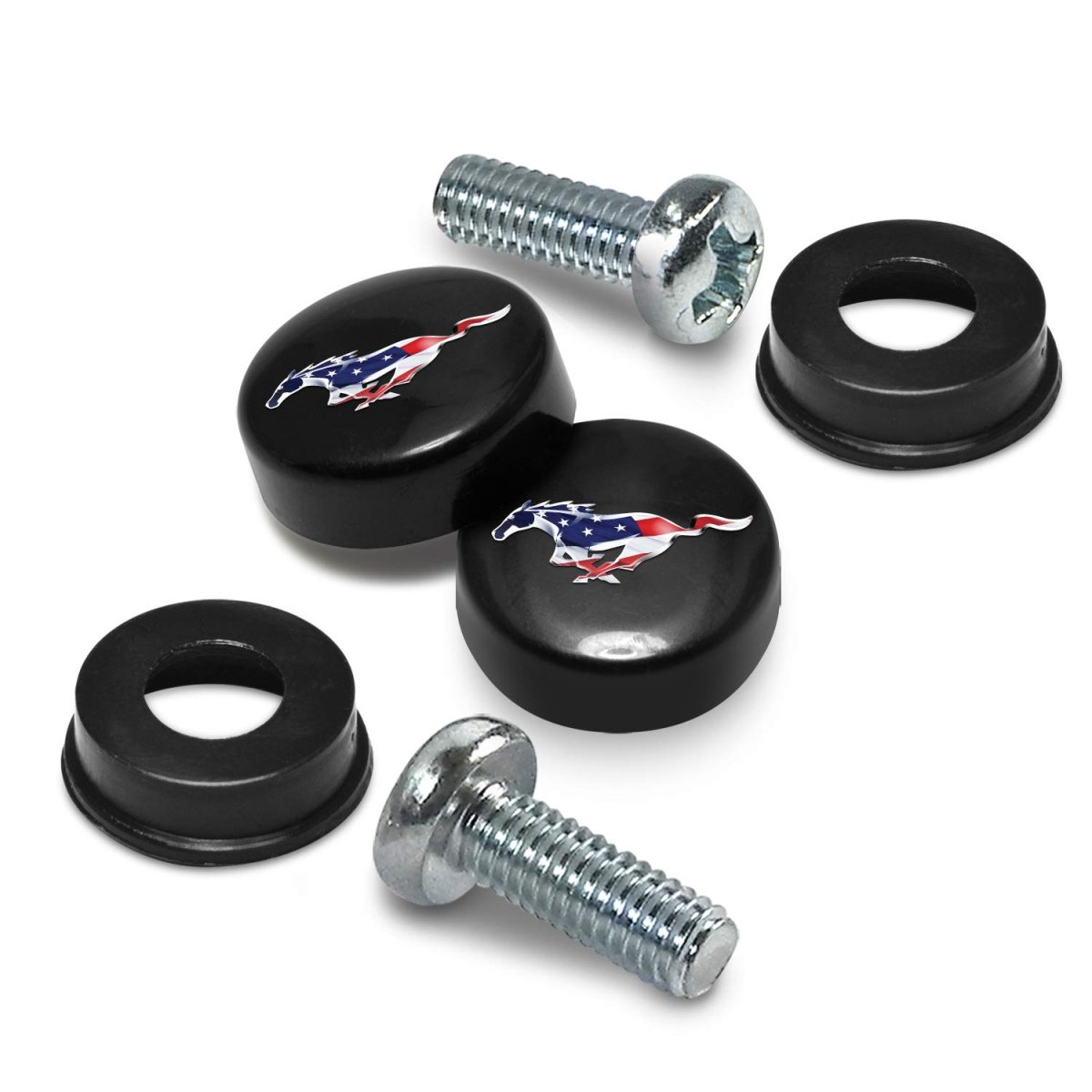 Ford Mustang In Usa Flag On Black Abs Plastic License Plate Frame Screw Covers