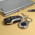 Ford Mustang Mach-e Crystal Rhinestone Roundel Black Metal Key Chain With Real Carbon Fiber Backing