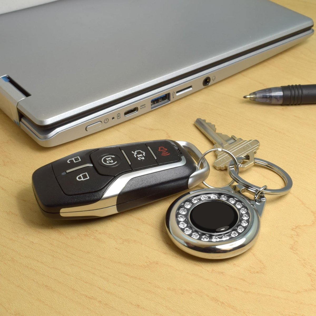 Ford Mustang Mach-e Crystal Rhinestone Roundel Black Metal Key Chain With Real Carbon Fiber Backing