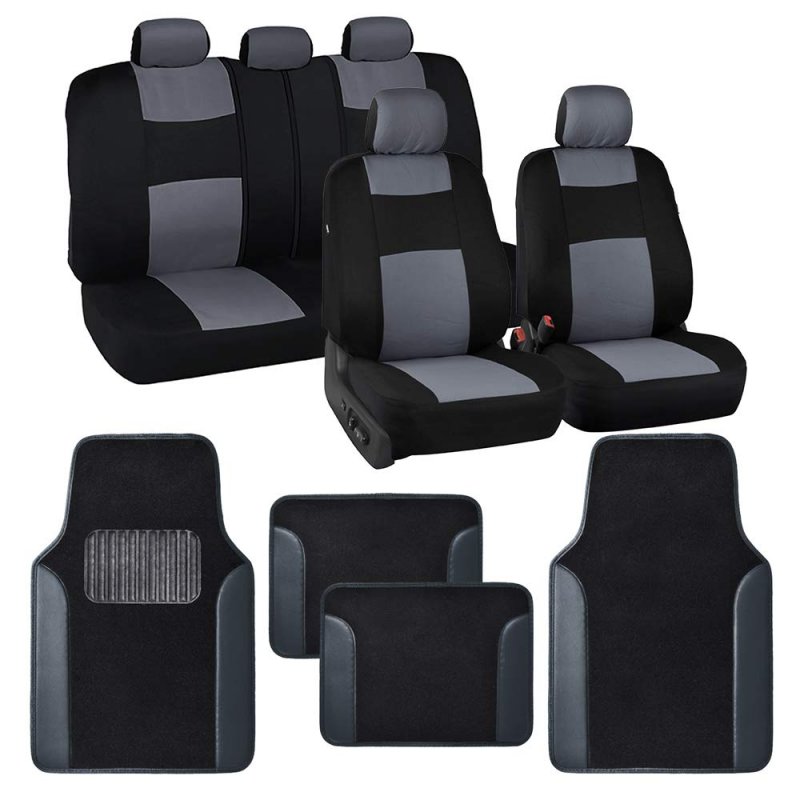 Polypro Black Gray Car Seat Covers Full Set With Matching Carpet Floor Mats Universal Fit For Cars Trucks And Suv Includes