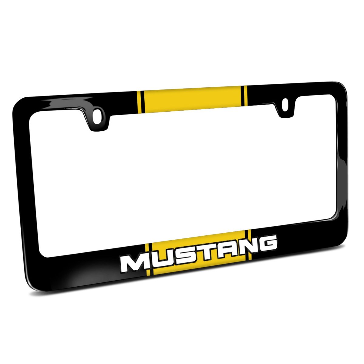 Ford Mustang Yellow Racing Stripe Black Metal License Plate Frame 12 In X 6 Powder Coated Zinc With Screw Covers