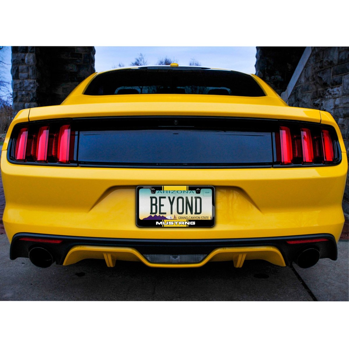 Ford Mustang Yellow Racing Stripe Black Metal License Plate Frame 12 In X 6 Powder Coated Zinc With Screw Covers