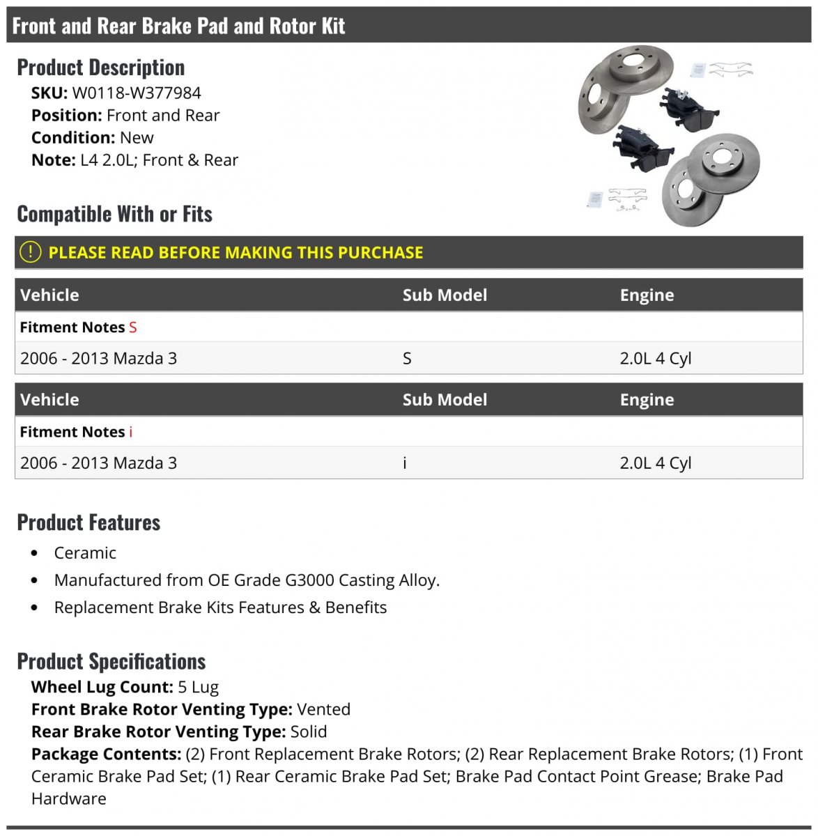 Front And Rear Ceramic Brake Pads Rotor Kit 5 Lug For 2006 To 2013 Mazda 3 2 0l 4 Cylinder