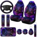 Tallew 10 Pcs Purple Colorful Owl Car Seat Covers Set Steering Wheel Cover Front Belt Pads Armrest Pad Cup Holder Strap Decor 