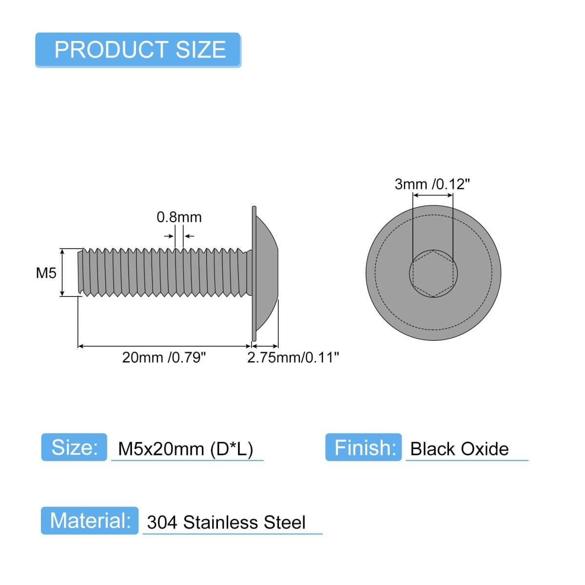 50 Pieces M5 0 8x20mm Flanged Button Head Socket Cap Screws 304 Stainless Steel Drive Fastener Bolts Fully Threaded Machine