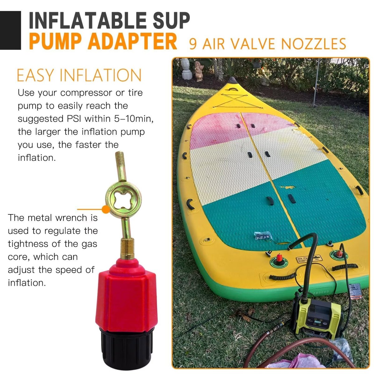 Paddle Board Pump Adapter Inflatable Adaptor 2 Compressor With 9 Conventional Air Valve Nozzles Attachment For Kayaks Rubber