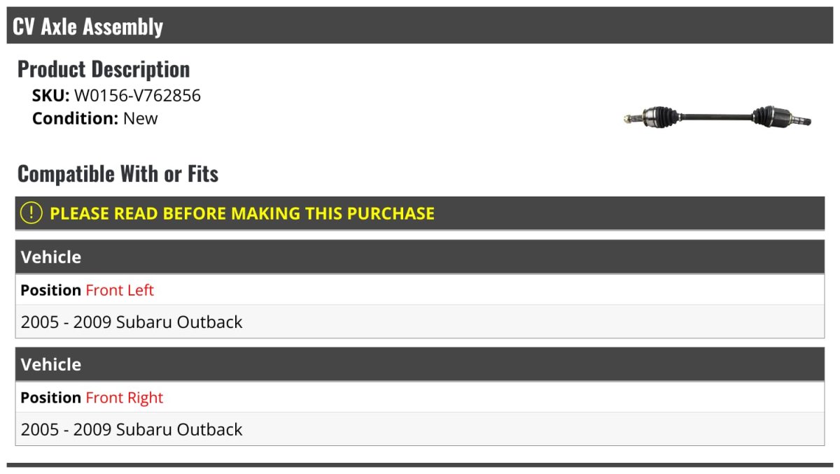 Front Cv Axle Assembly For 2005-2009 Subaru Outback