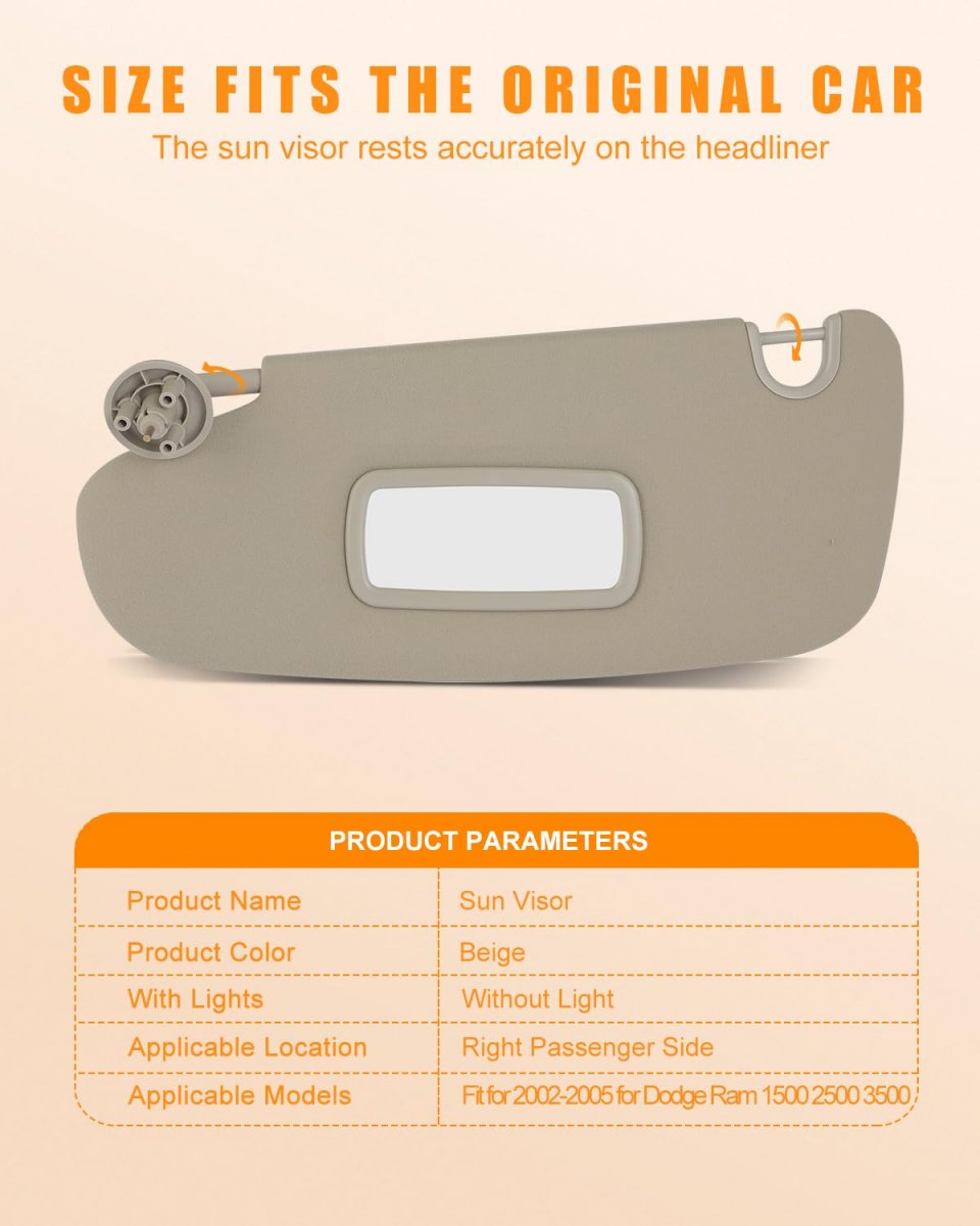 Sun Visor Fit For 2002-2005 Dodge Ram 1500 2500 3500 Without Sunroof Beige Right Passenger Side