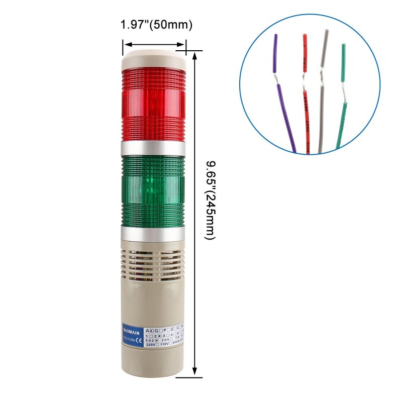 Baomain Industrial Signal Light Column Led Alarm Round Tower Indicator Continuous Warning Buzzer Lta-502tj Red Green Dc 12v