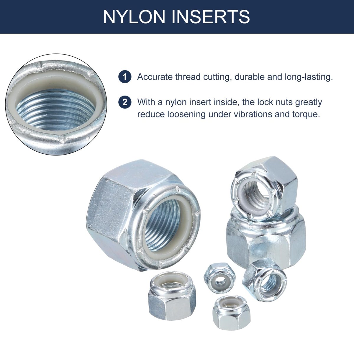 50pcs 7 16 -14 Nylon Insert Hex Lock Nuts Carbon Steel Stop Self-locking Nut For Industrial Construction Fasteners Color Zinc