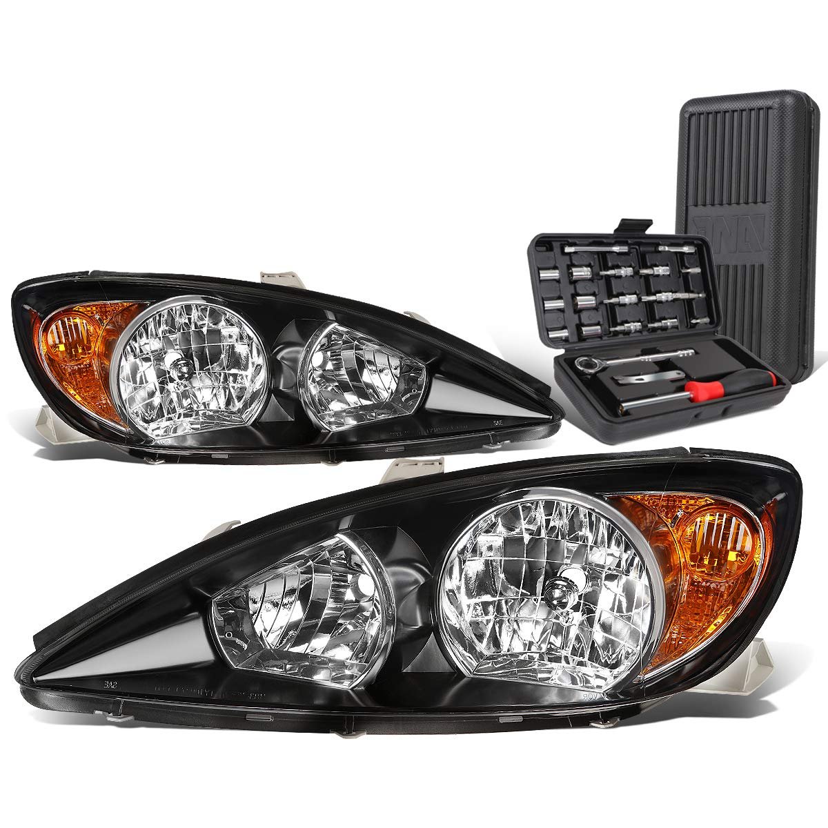 Auto Dynasty Black Housing Amber Corner Headlight Head Lamps Tool Kit For Camry 02-04