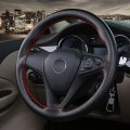Genuine Leather Car Steering Wheel Cover Anti-slip And Breathable Cowhide Hand Stitch On Wrap Full Hole Black With Red Thread S