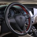 Genuine Leather Car Steering Wheel Cover Anti-slip And Breathable Cowhide Hand Stitch On Wrap Full Hole Black With Red Thread S