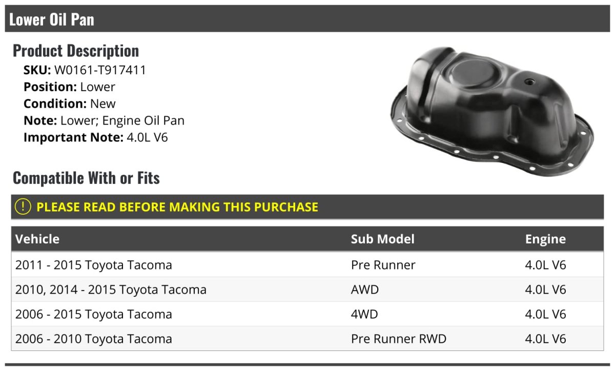 Lower Engine Pan For 2006-2015 Toyota Tacoma 4 0l V6