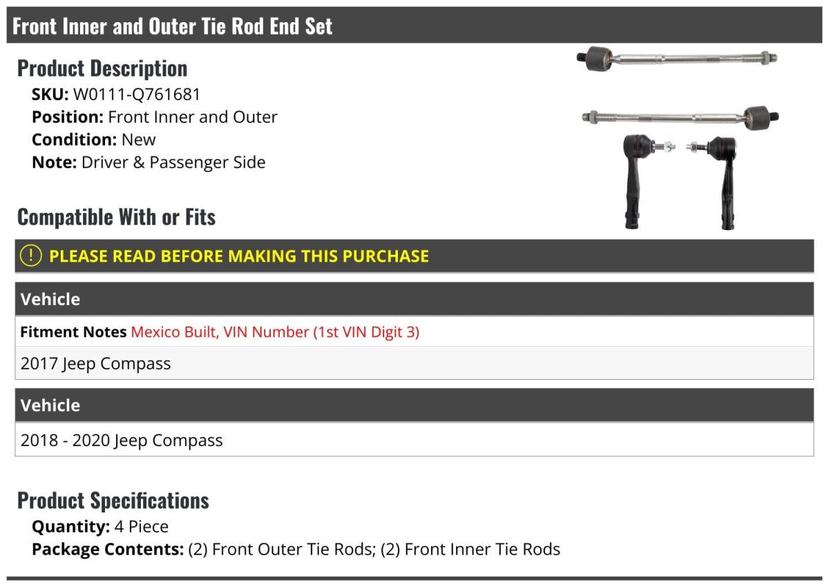 Front Inner And Outer Tie Rod End Set 4 Piece For 2017-2020 Jeep Compass